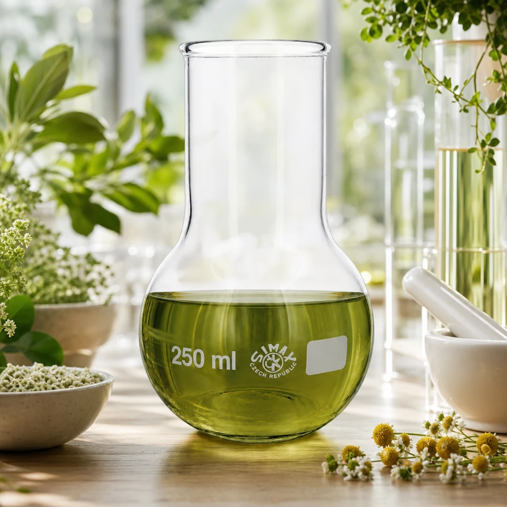 Fiaschetta da 250 ml a collo largo Fiaschetta a fondo tondo da 250 ml a collo largo disposta sul piano di lavoro con mortaio e piante medicinali fresche
