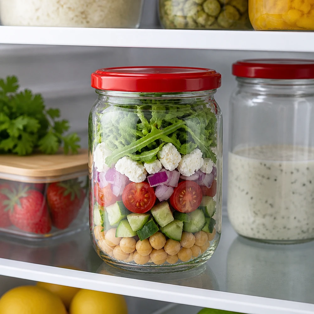 Meal Prep Salat im 555ml UNiTWIST Rundglas mit Kichererbsen Tomaten Gurken Feta und Rucola