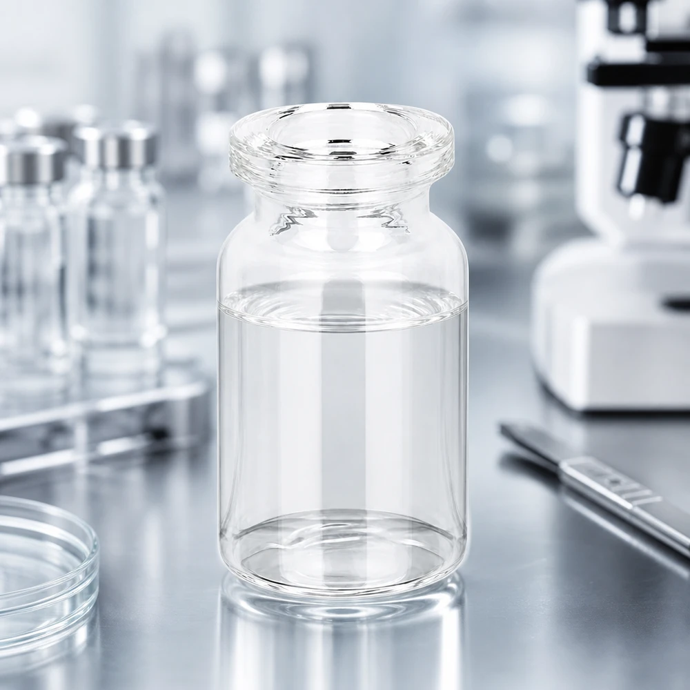 Injektionsflasche Klarglas 5ml Hochwertige Klarglas Viale 5ml für Injektionslösungen vor medizinischem Laborhintergrund mit Mikroskop