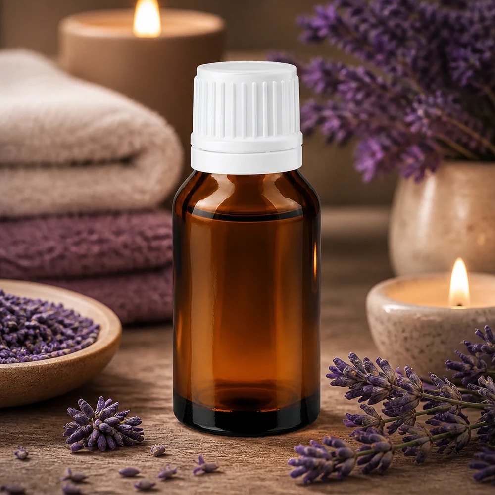 Flacon de pharmacie brun 30ml bouchon à vis blanc bouchon inviolabilité Flacon en verre brun de 30 ml muni d'un bouchon OV blanc, entouré de fleurs de lavande et de bougies