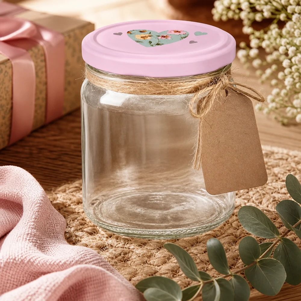 Barattolo rotondo da 408 ml con coperchio a cuore BasicSeal rosa come idea regalo, decorato con cordino di iuta e ciondolo