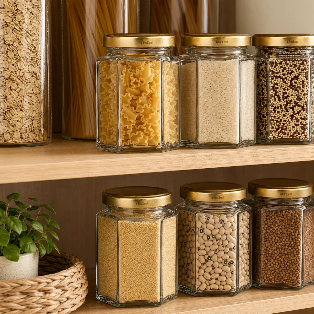 Barattoli esagonali UNiTWIST Hexa196 con coperchi dorati TO58 BioSeal in una dispensa organizzata con pasta e legumi.