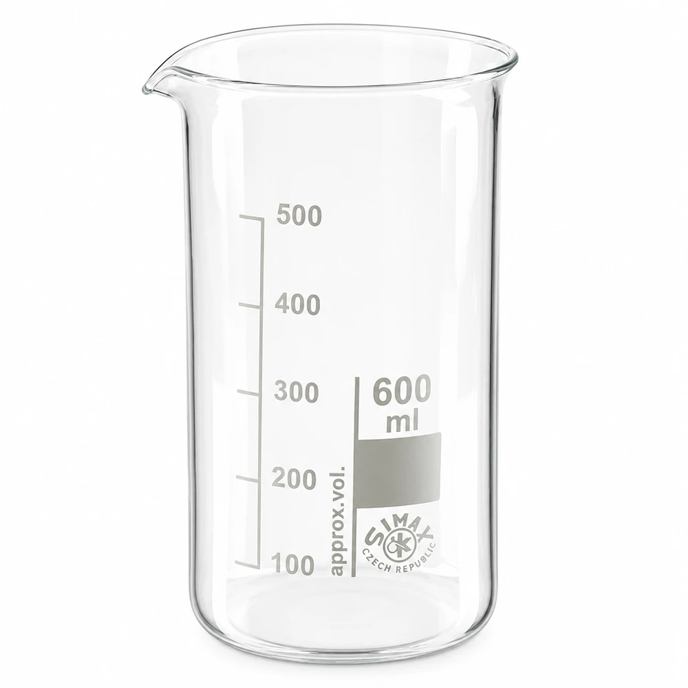 Bicchiere da laboratorio da 600 ml, modello alto, in vetro borosilicato con scala graduata in millilitri da 100 a 500 ml