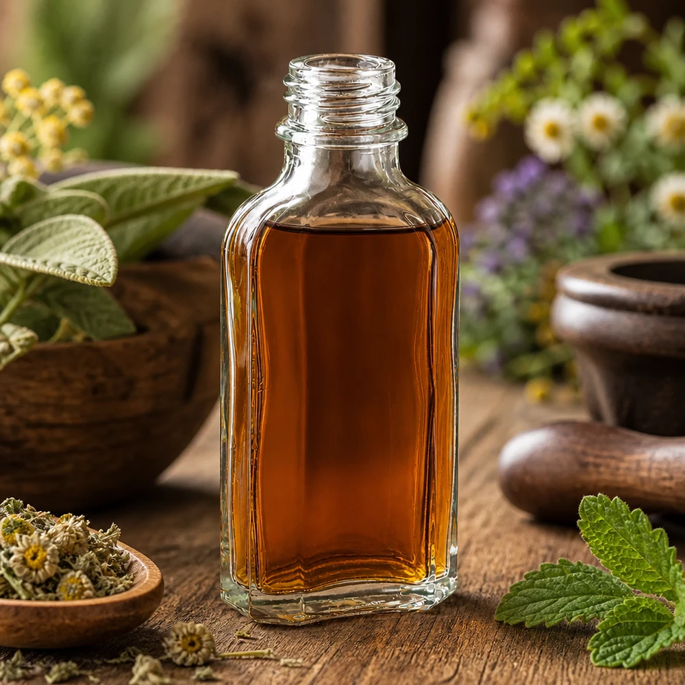 Naturheilkunde Aufbewahrung in 50 ml Meplatflasche klar DIN22 neben getrockneten Kräutern