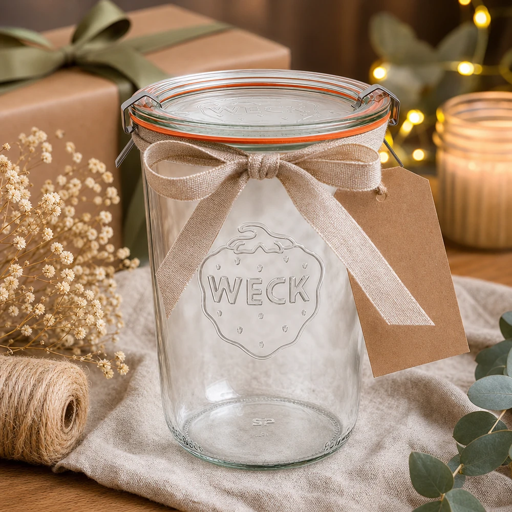 850ml Sturzglas komplett WECK RR100 WECK 850ml Sturzglas RR100 als Geschenkidee dekoriert mit Schleife und Anhänger in gemütlicher Weihnachtsszene