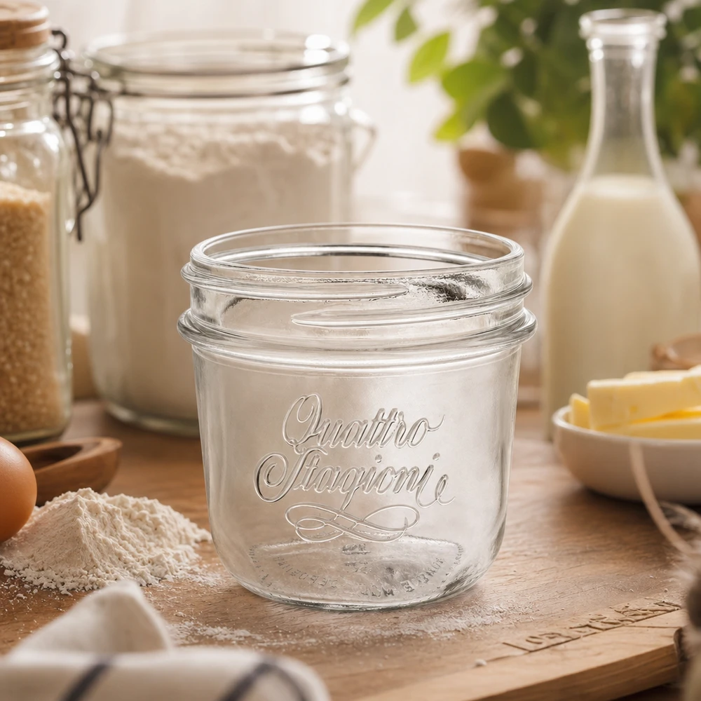 Vaso per gioielli "Quattro Stagioni" da 200 ml Barattolo di vetro Quattro Stagioni da 200 ml su tavolo di legno con ingredienti da forno farina uova e bottiglia di latte in cucina