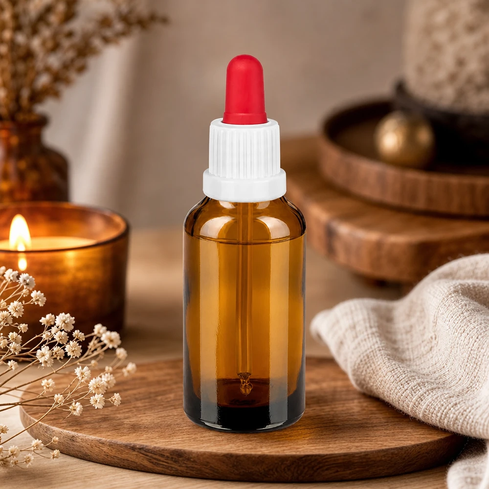 30ml Pipettenflasche weiß/rot Originalitätsverschluss BrownLine UT18/30 Elegante Braunglasflasche 30ml mit weißem Verschluss für stylische Aufbewahrung von Beauty-Produkten