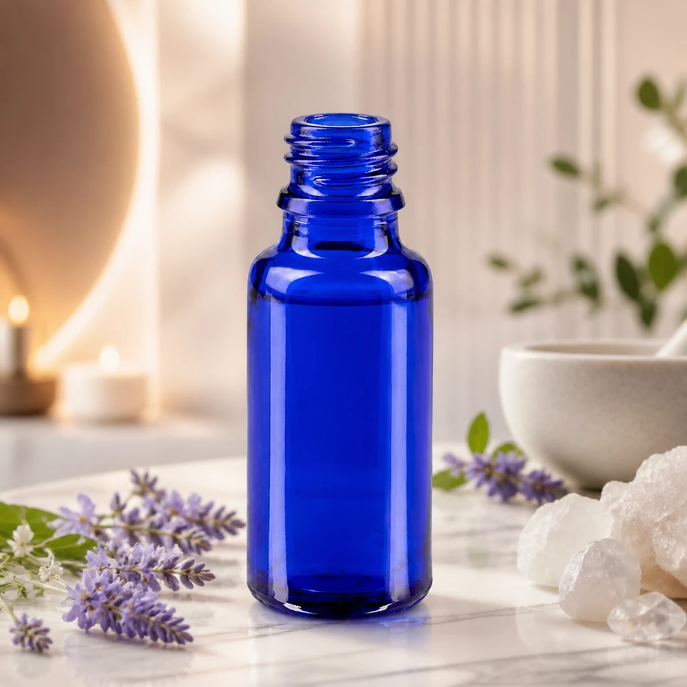 Flacone farmaceutico blu da 20ml ApoGlas Flacone sottile in ApoGlas blu da 20 ml dal design classico per trattamenti benessere e spa