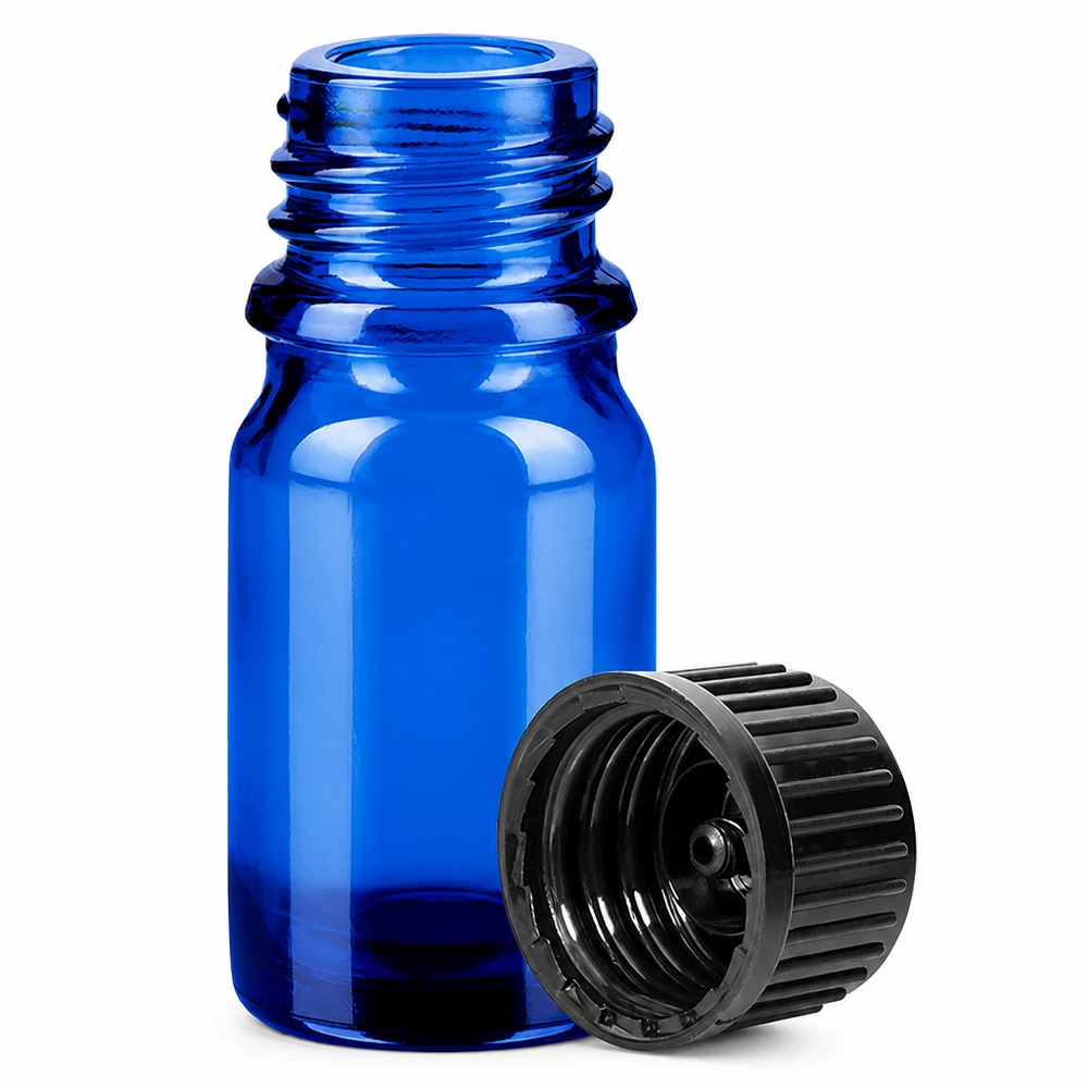 5ml Flasche 11mm Schraubverschluss schwarz Standard BlueLine UT18/5 Dunkelblau getönte 5ml Glasflasche mit UV-Schutz und fest sitzendem schwarzen Verschluss