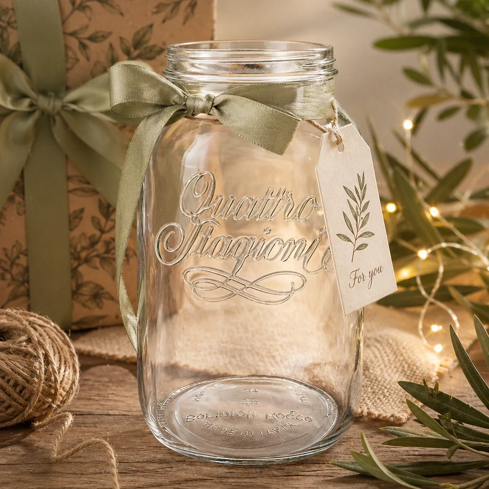Bicchiere per uso domestico Quattro Stagioni da 3800 ml, decorato con un fiocco verde e un'etichetta regalo su un tavolo di legno rustico