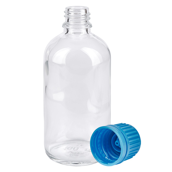 Bottiglia da 100ml 11mm SV blu OV ClearLine UT18/100 Flacone in vetro trasparente da 100 ml UT18 con tappo di sicurezza blu aperto da 11 mm SV