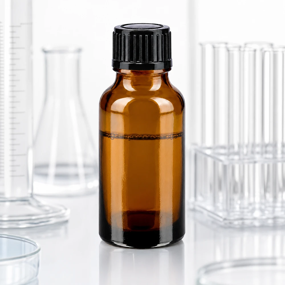 Apothekenflasche braun 20ml Schraubverschluss schwarz Standard Apothekerflasche 20ml Braunglas lichtgeschützt schwarzer Verschluss auf weißer Oberfläche