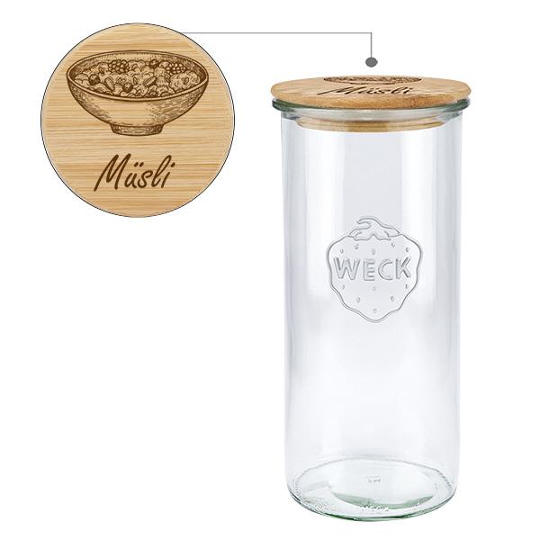 Holzdeckelset "Müsli" mit WECK Sturzglas 1550ml Holzdeckelset "Müsli" mit WECK Sturzglas 1550ml