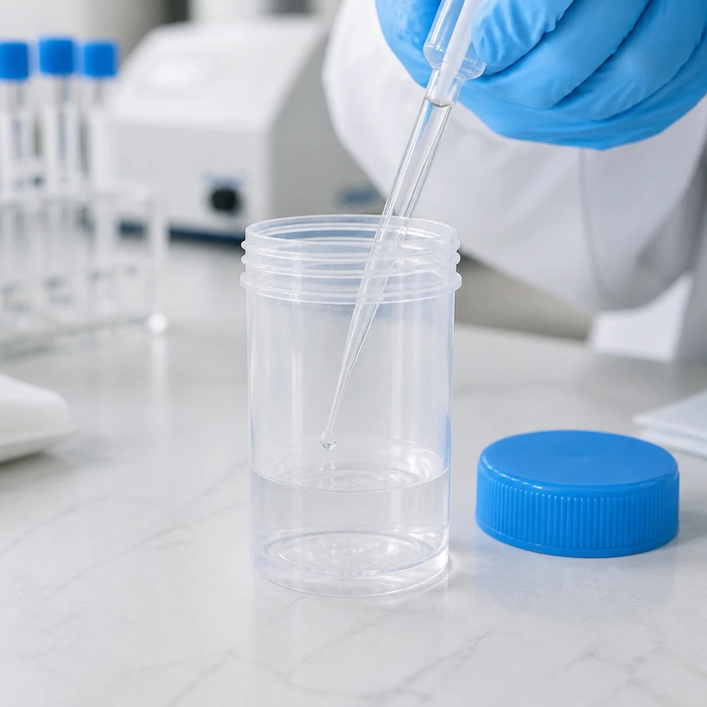 Récipient universel pour échantillons de 35 ml en plastique transparent, destiné à être rempli de liquide en laboratoire