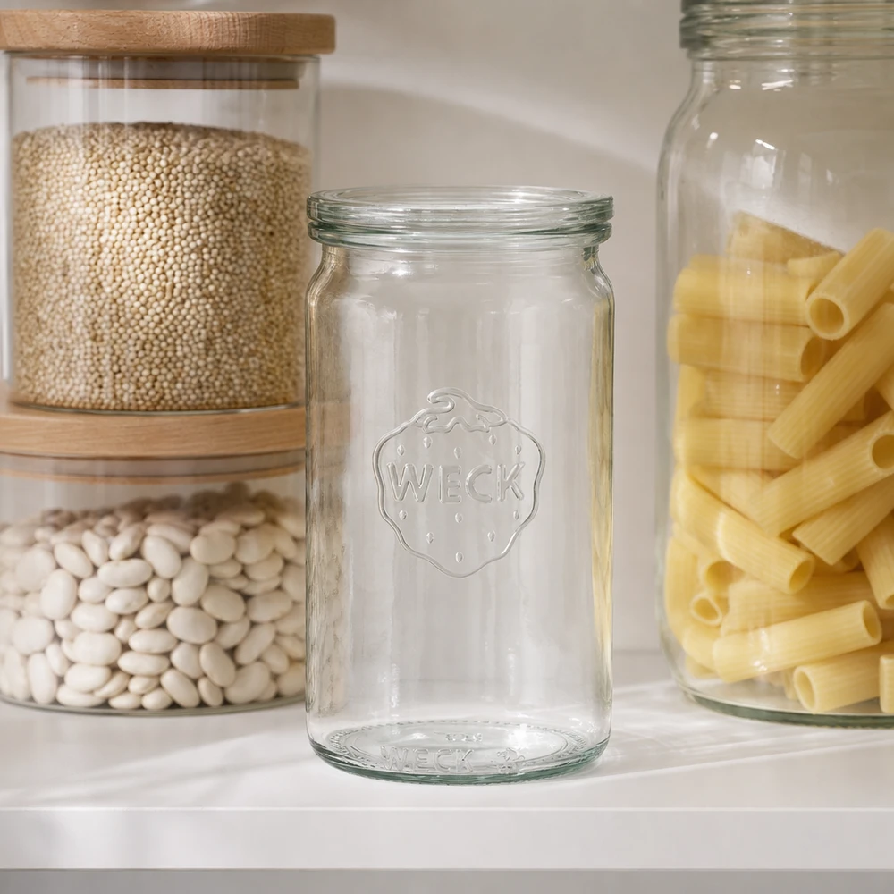 Vaso cilindrico da 340 ml con coperchio in vetro WECK RR60 WECK 340ml Zylinderglas RR60 leer in moderner Pantry zwischen Vorratsgläsern mit Hülsenfrüchten und Nudeln Küchenausstat
