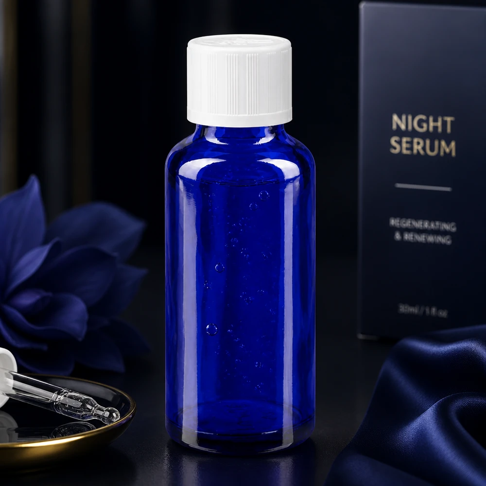 Apothekenflasche blau 30ml Tropfverschluss weiß Kindersicherung Standard Blaue Serumflasche 30ml aus Schutzglas mit Tropfeinsatz neben Seidenstoff und Glasdropper