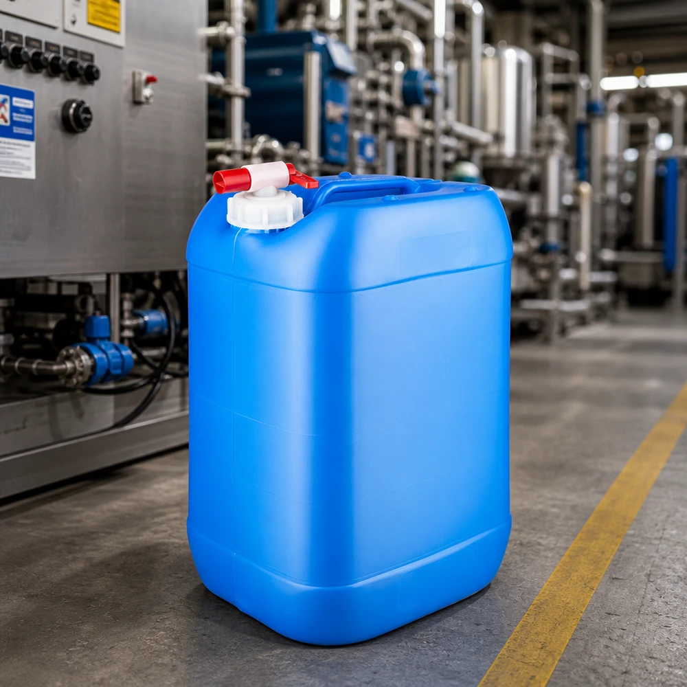 Bidon 25 litres bleu avec robinet Bidon industriel rectangulaire de 25 litres, bleu, muni d'un robinet rouge, posé sur le sol en béton d'un atelier d'usine
