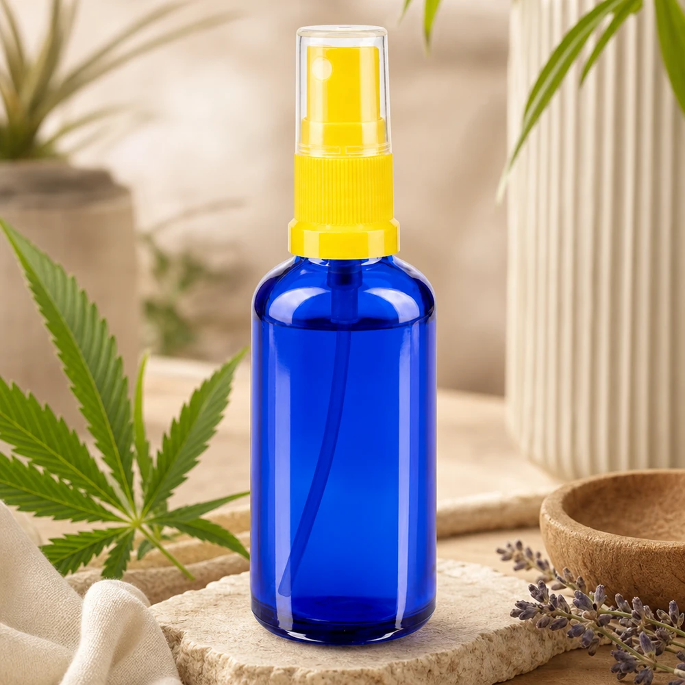 Apothekenflasche blau 50ml Sprayaufsatz gelb Kompakte blaue STD Sprayflasche 50ml aus Apothekerglas mit UV-Schutz und Sprühkopf