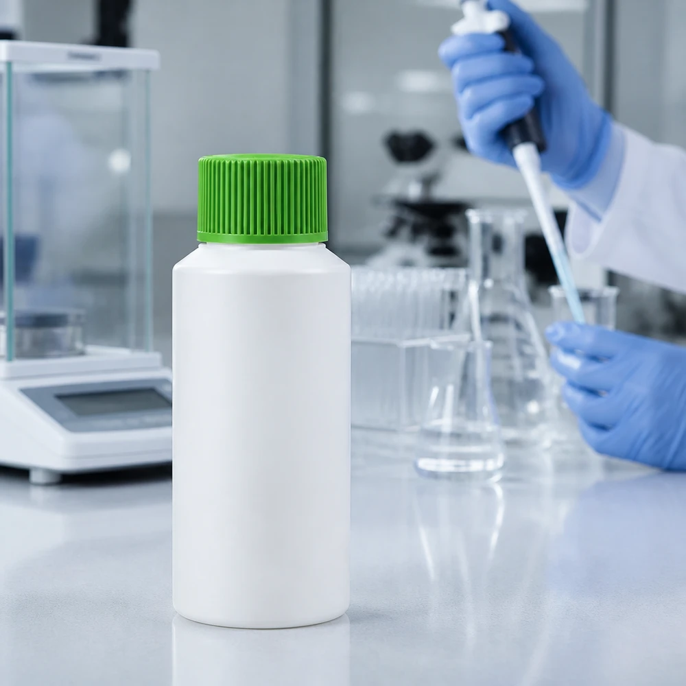 Flacon de pharmacie blanc vide et non étiqueté de 30 ml en HDPE avec un bouchon vert, posé sur une paillasse de laboratoire