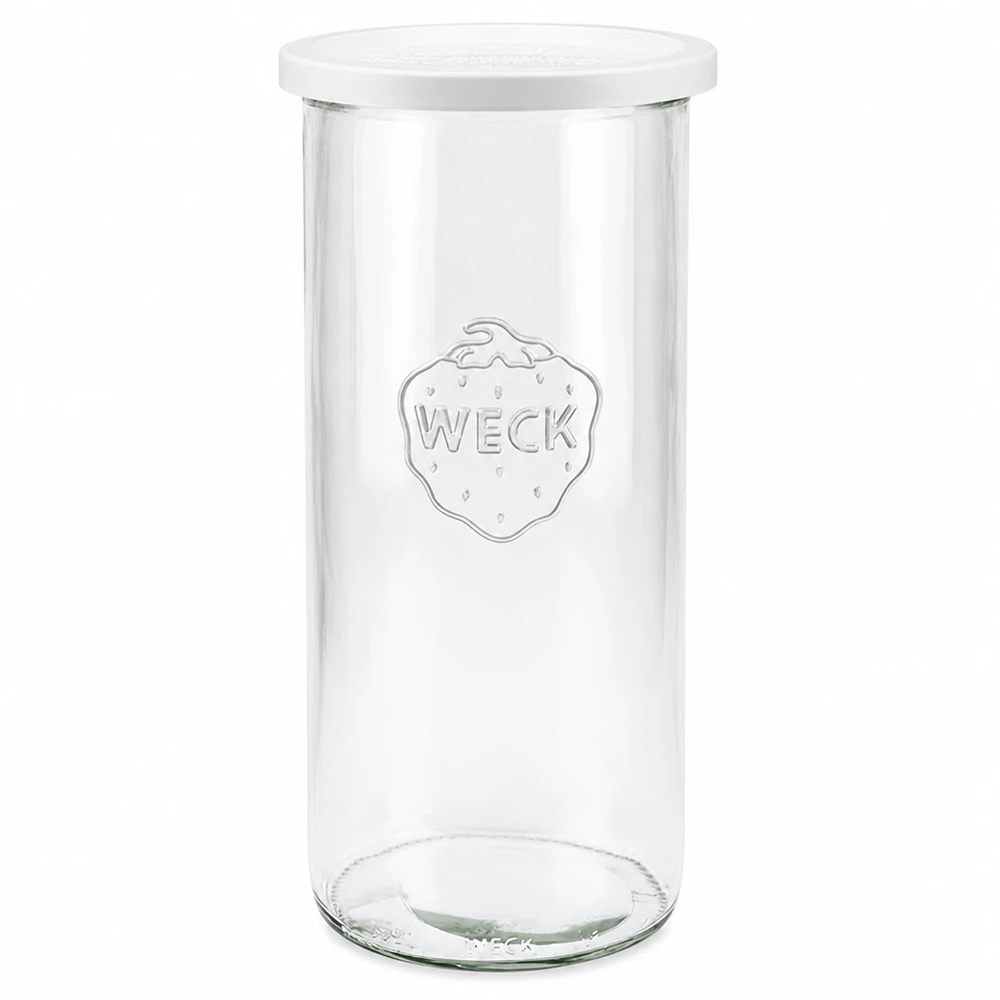 Bicchieri da 1500 ml con coperchio salvafreschezza WECK RR100 Barattolo WECK 1500ml con coperchio bianco RR100 in vetro chiaro con logo WECK per la conservazione