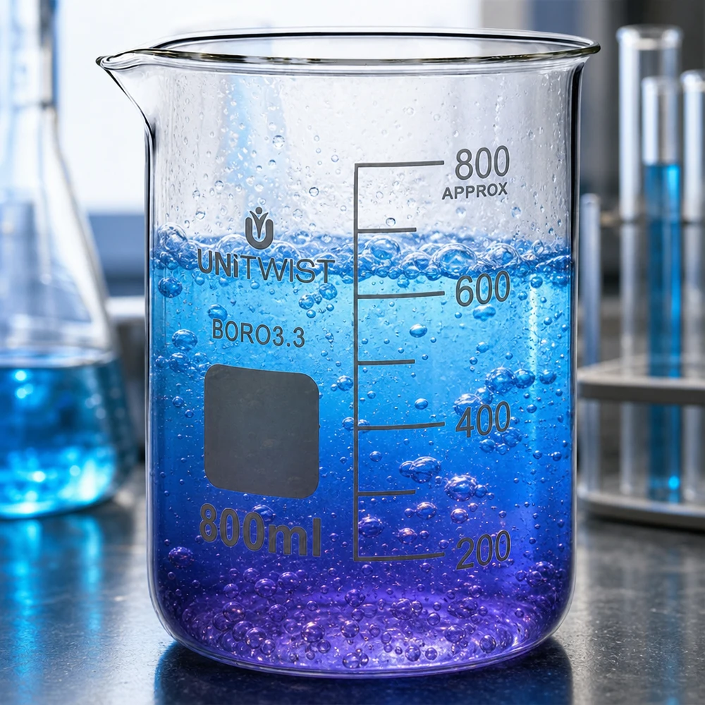 Becher da 800 ml, forma bassa, in borosilicato 3.3, contenente un liquido dai riflessi blu-viola