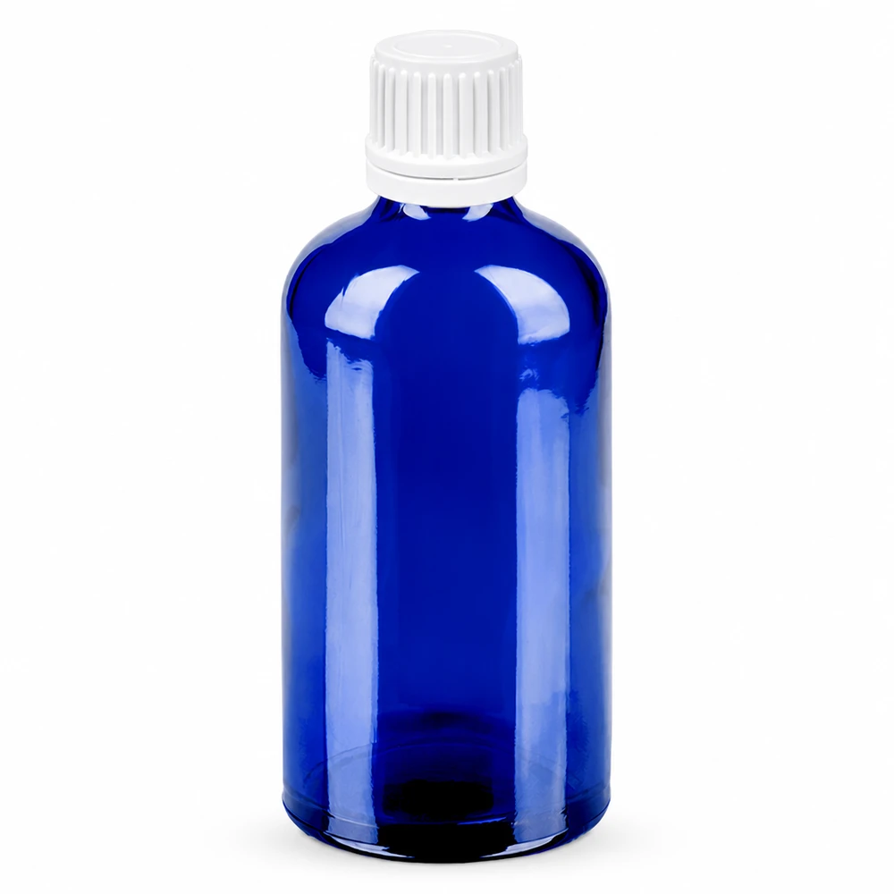 Flacon 100ml 11mm SV blanc OV BlueLine UT18/100 Petit flacon bleu de 100ml avec bouchon à vis blanc de 11mm BlueLine