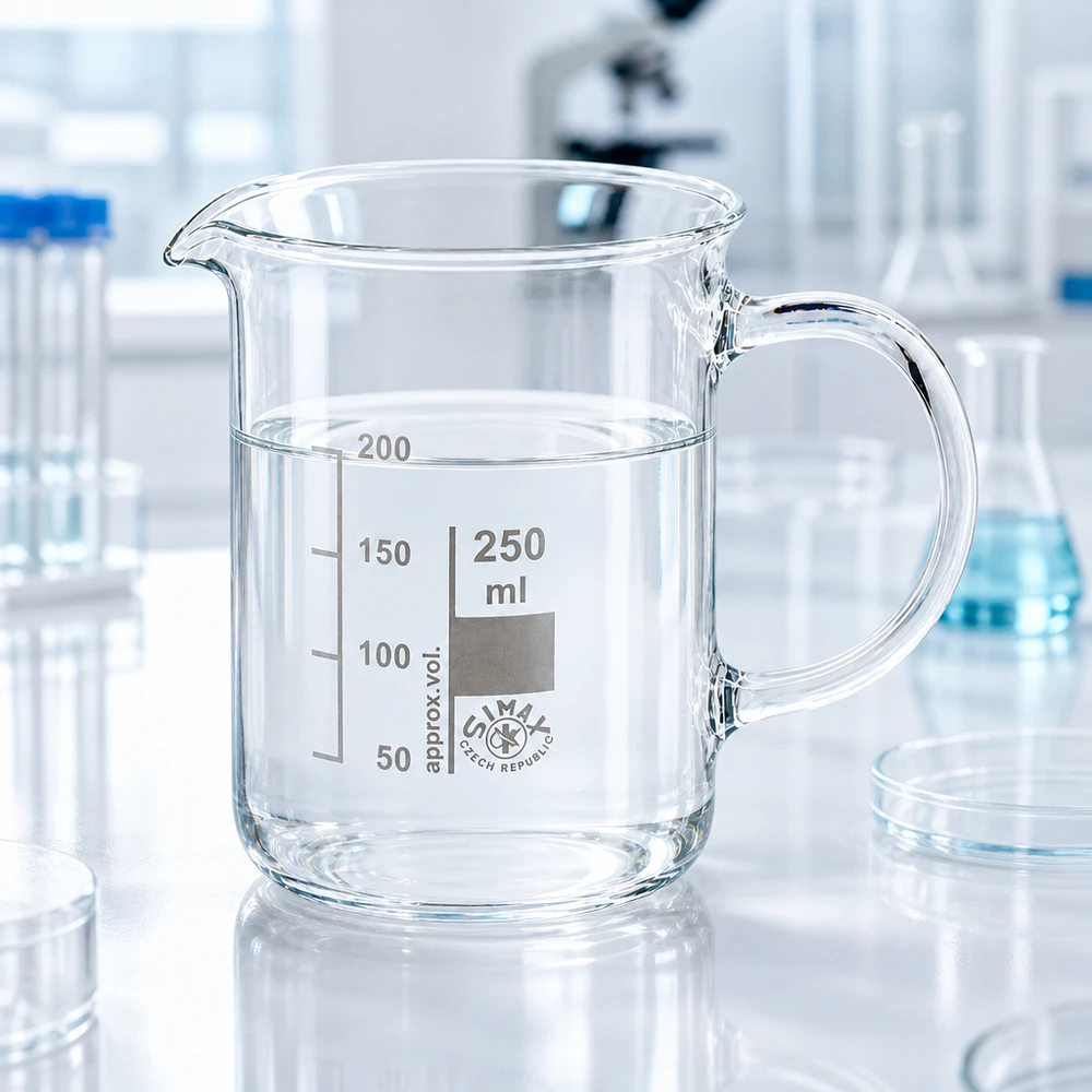 Bicchiere da laboratorio trasparente da 250 ml con manico e scala graduata in millilitri in un ambiente di laboratorio moderno