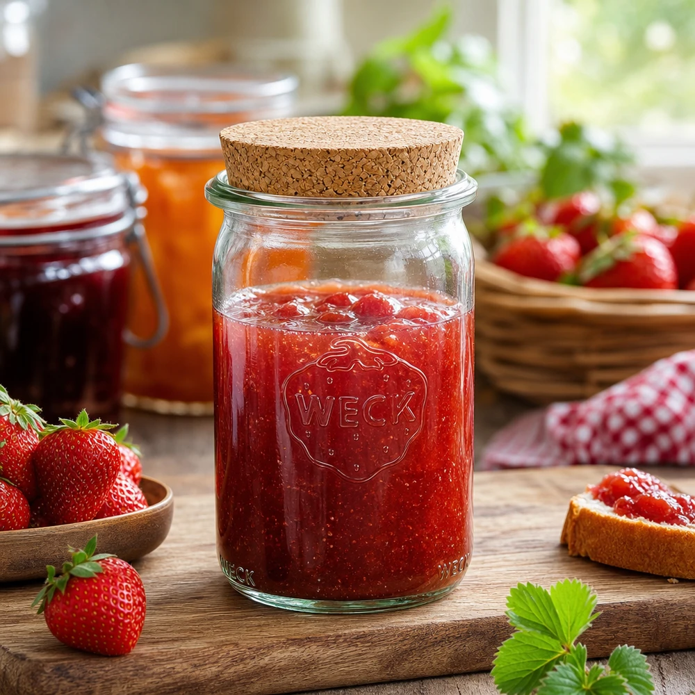 Barattolo cilindrico WECK da 145 ml con coperchio in sughero riempito di marmellata di fragole circondato da fragole fresche su un tavolo di legno