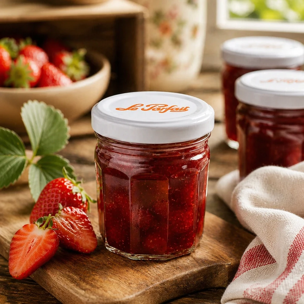 Le Parfait® Mini‑Jam 44 ml Ø48 mm vaso Mini vasetti di marmellata Le Parfait da 44 ml con fragole e marmellata su una tavola di legno - perfetti per le creme spalmabili fatte in casa
