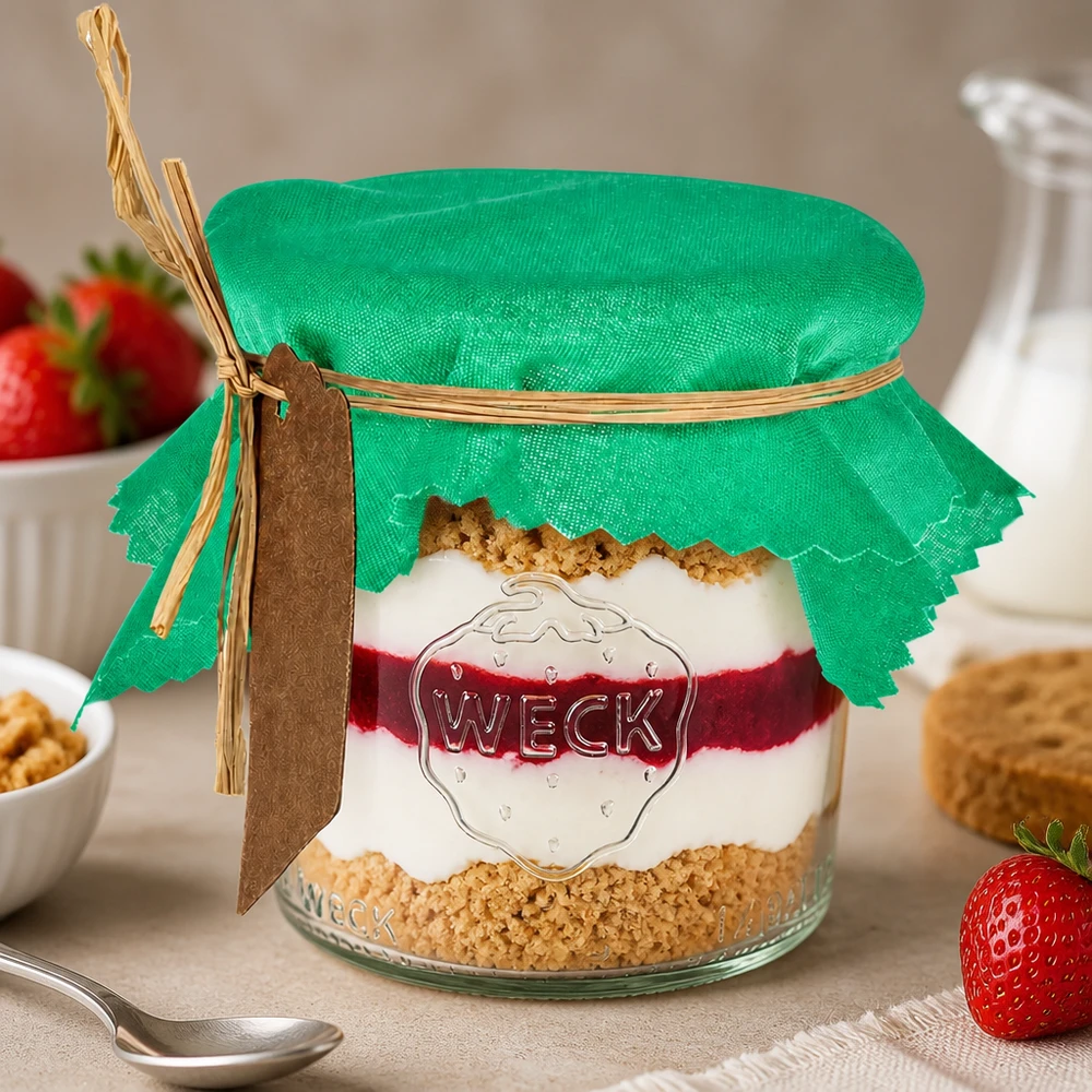 Centrino per gioielli in tessuto verde 12cm quadrato Centrino in tessuto verde 12cm quadrato su bicchiere da dessert con dessert a strati e fragole fresche come decorazione da tavola