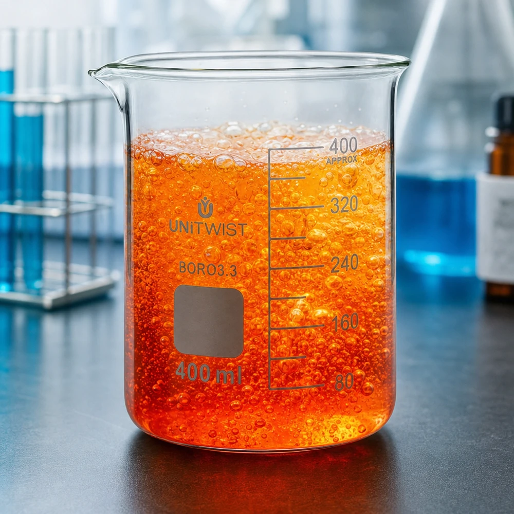 Bicchiere 400ml borosilicato, stampo basso UNiTWIST Bicchiere da laboratorio UNiTWIST da 400 ml contenente un liquido frizzante di colore arancione con bolle visibili