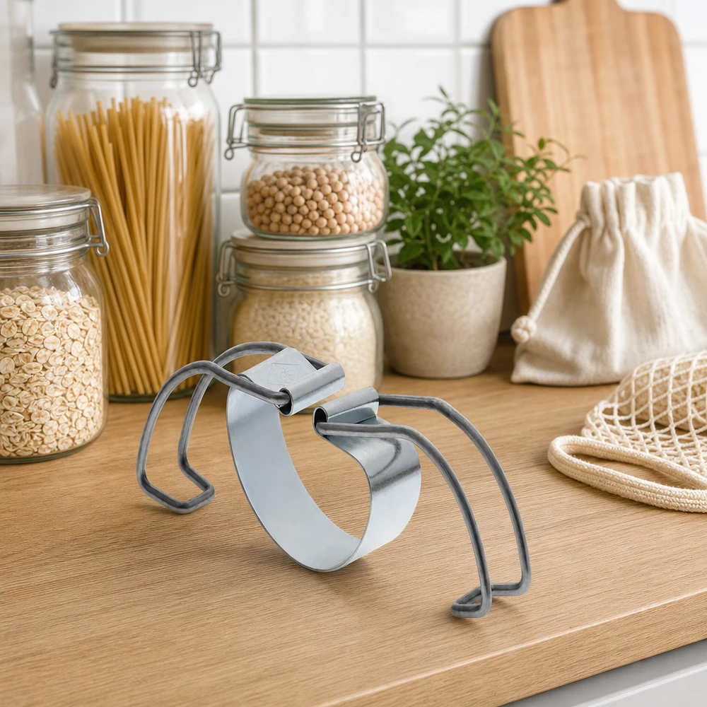Scaffale di conservazione RR100 tra barattoli sostenibili con pasta e legumi in una cucina a rifiuti zero
