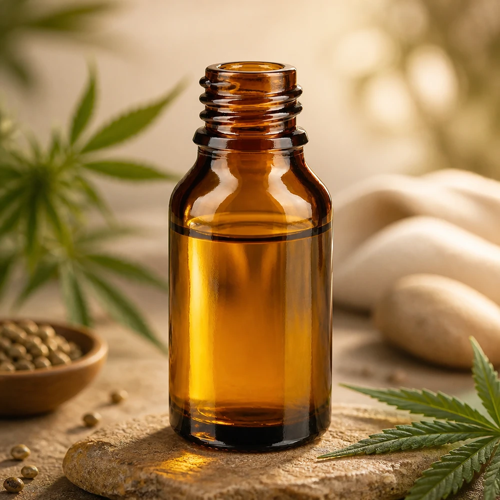 Flacone farmaceutico marrone da 15 ml ApoGlas Flacone ApoGlas marrone da 15 ml con foglie di cannabis, semi di canapa e pietre termali per prodotti naturali per il benessere
