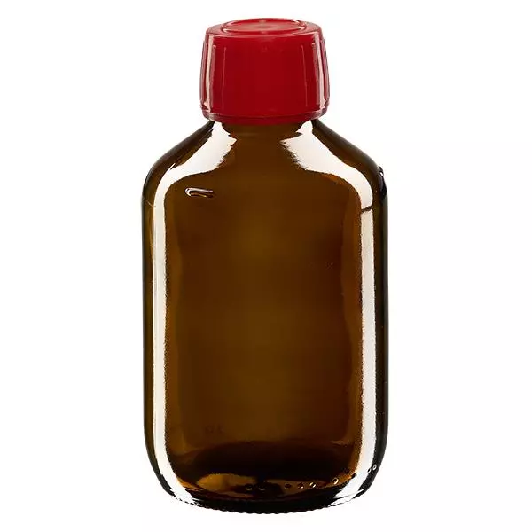 200ml Medizinflasche braun, Verschluss rot mit Originalitätsring ApoGlas