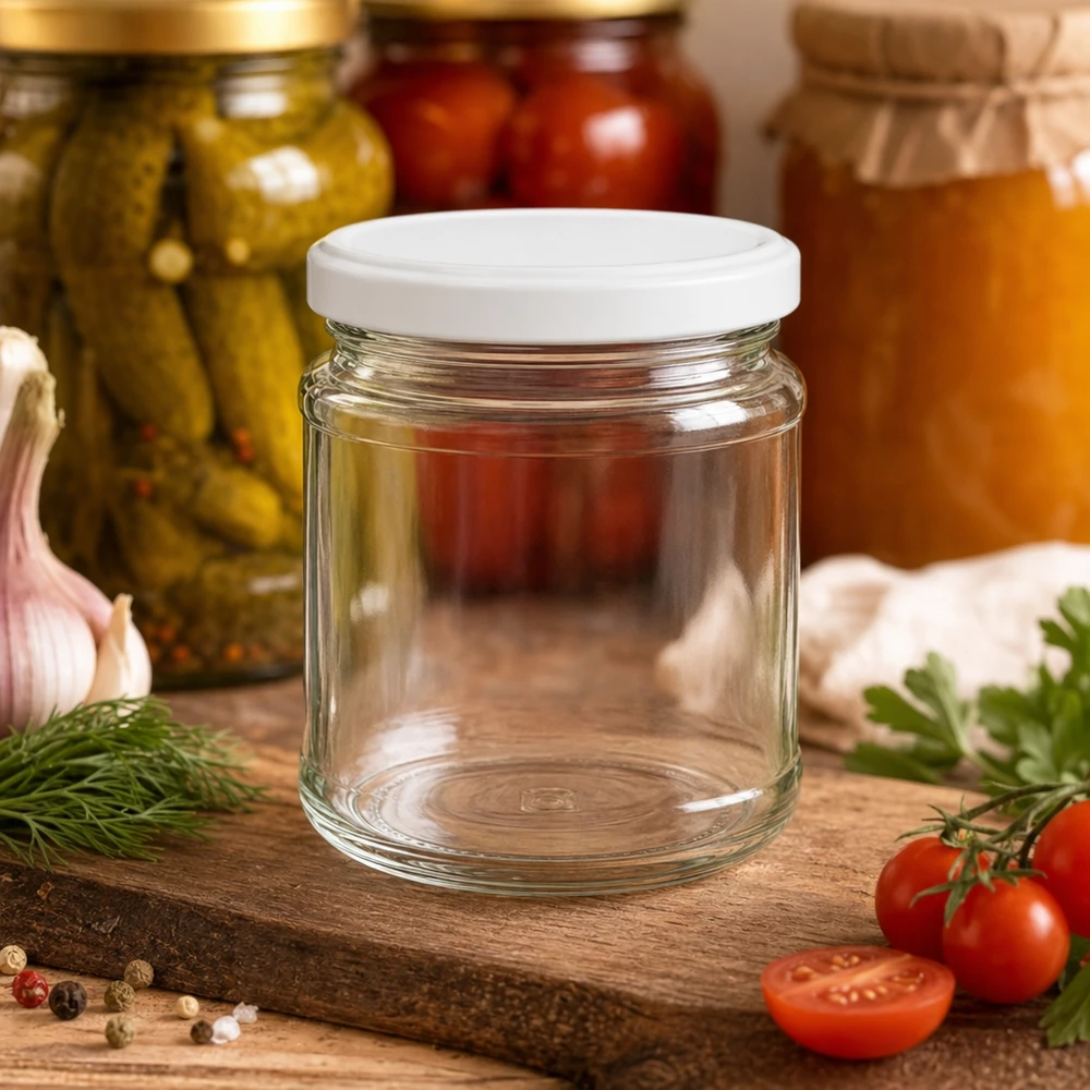 Einmachglas 212ml mit weißem Deckel auf Holzbrett neben Tomaten, Kräutern und gefüllten Konservengläsern im Hintergrund