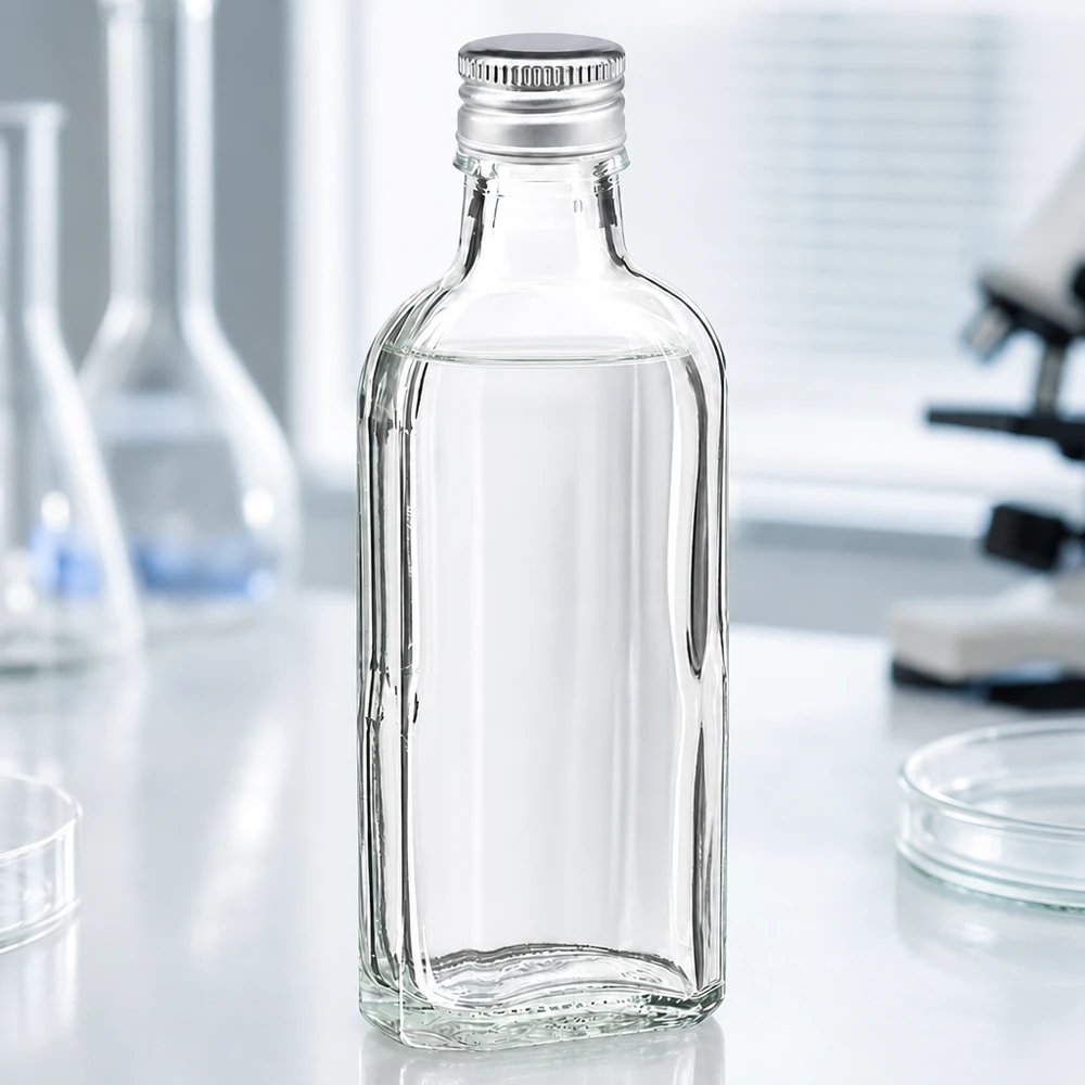 100 ml Meplat klar mit Alu Verschluss silber PP22 Hochwertige Meplat Glasflasche 0,1 Liter klar mit silbernem Schraubdeckel PP22