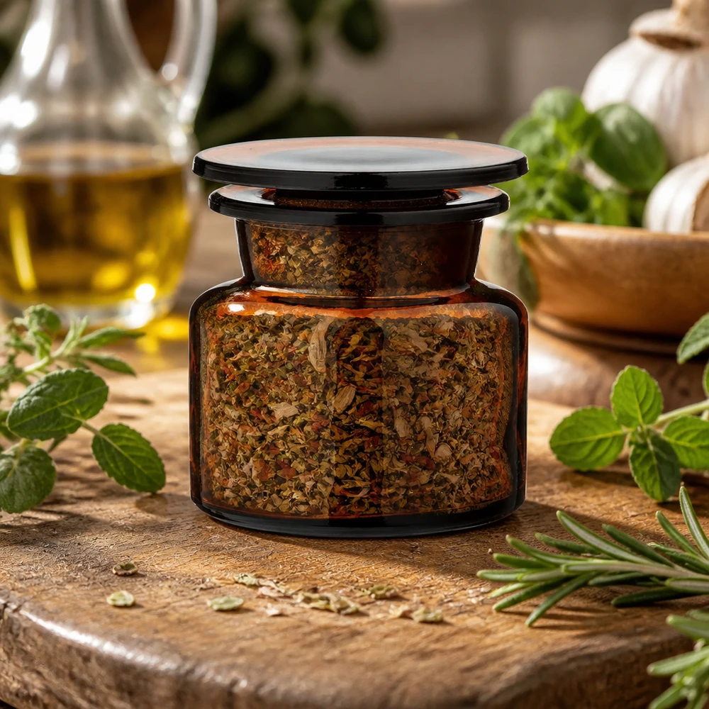 Vasetto compatto in vetro ambrato da 50 ml con miscela di erbe aromatiche, ambientato in una cucina mediterranea
