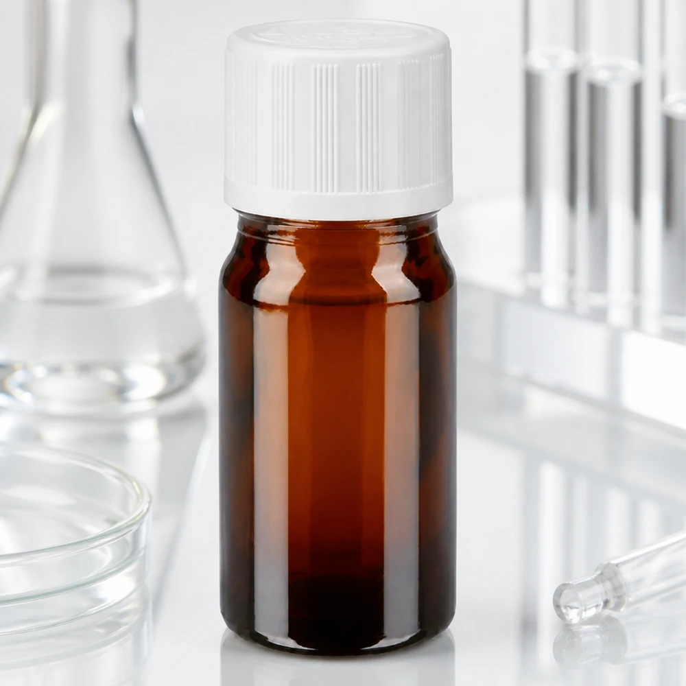 Flacon de pharmacie brun 5ml bouchon compte-gouttes blanc sécurité enfant standard Flacon en verre ambré de 5 ml muni d'un bouchon de sécurité blanc pour enfants, posé dans le laboratoire entre des ballons en verre et des tubes à essai