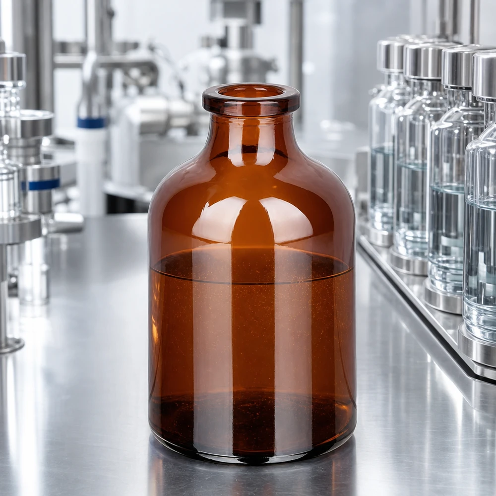Injektionsflasche Braunglas 50ml Injektionsflasche Braunglas 50ml mit bernsteinfarbenem Glaskörper in pharmazeutischer Produktionsumgebung