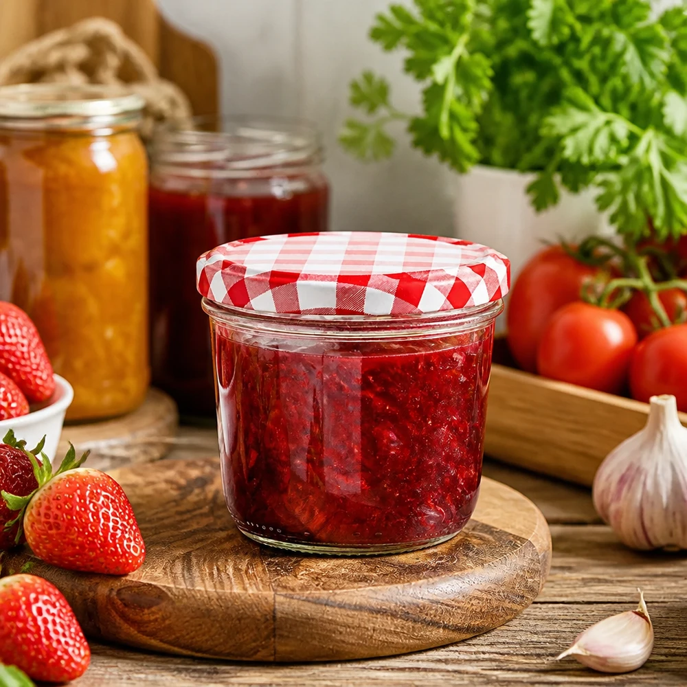 Bicchieri da 230 ml con scena di cucina riempiti di marmellata di fragole e coperchio BasicSeal a scacchiera bianca e rossa