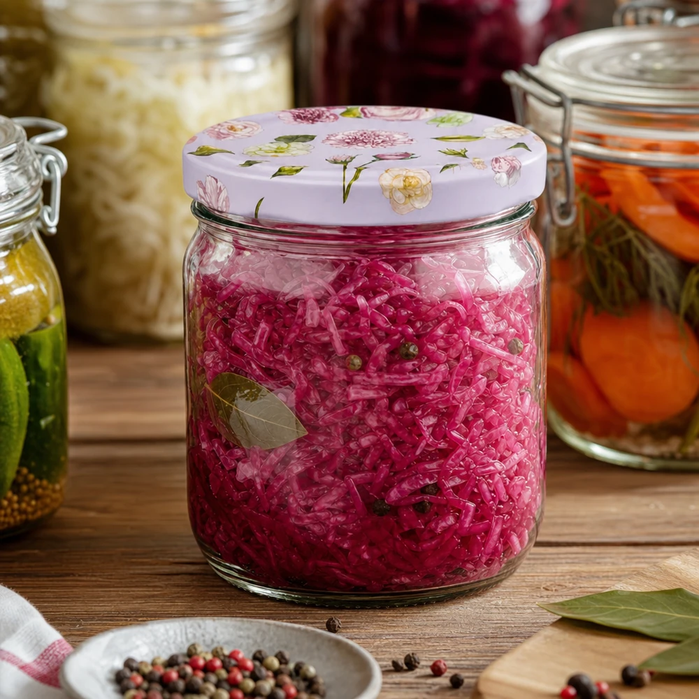 Vaso rotondo da 425 ml con coperchio floreale rosa riempito con cavolo rosso fermentato tra spezie mostra conservazione