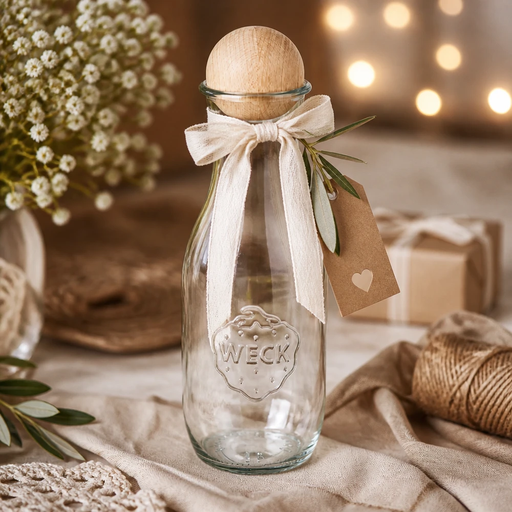Bottiglia di succo da 1062 ml WECK RR60 con sfera in legno di faggio Bottiglia di succo WECK da 1062 ml RR60 in regalo decorata con fiocco bianco, etichetta in carta kraft e ramo d'ulivo