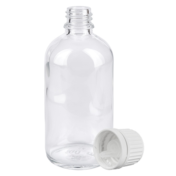 Flacone contagocce da 100 ml 0,7 mm bianco OV ClearLine UT18/100 Flacone contagocce trasparente da 100 ml in vetro trasparente con tappo a vite bianco e sigillo di sicurezza