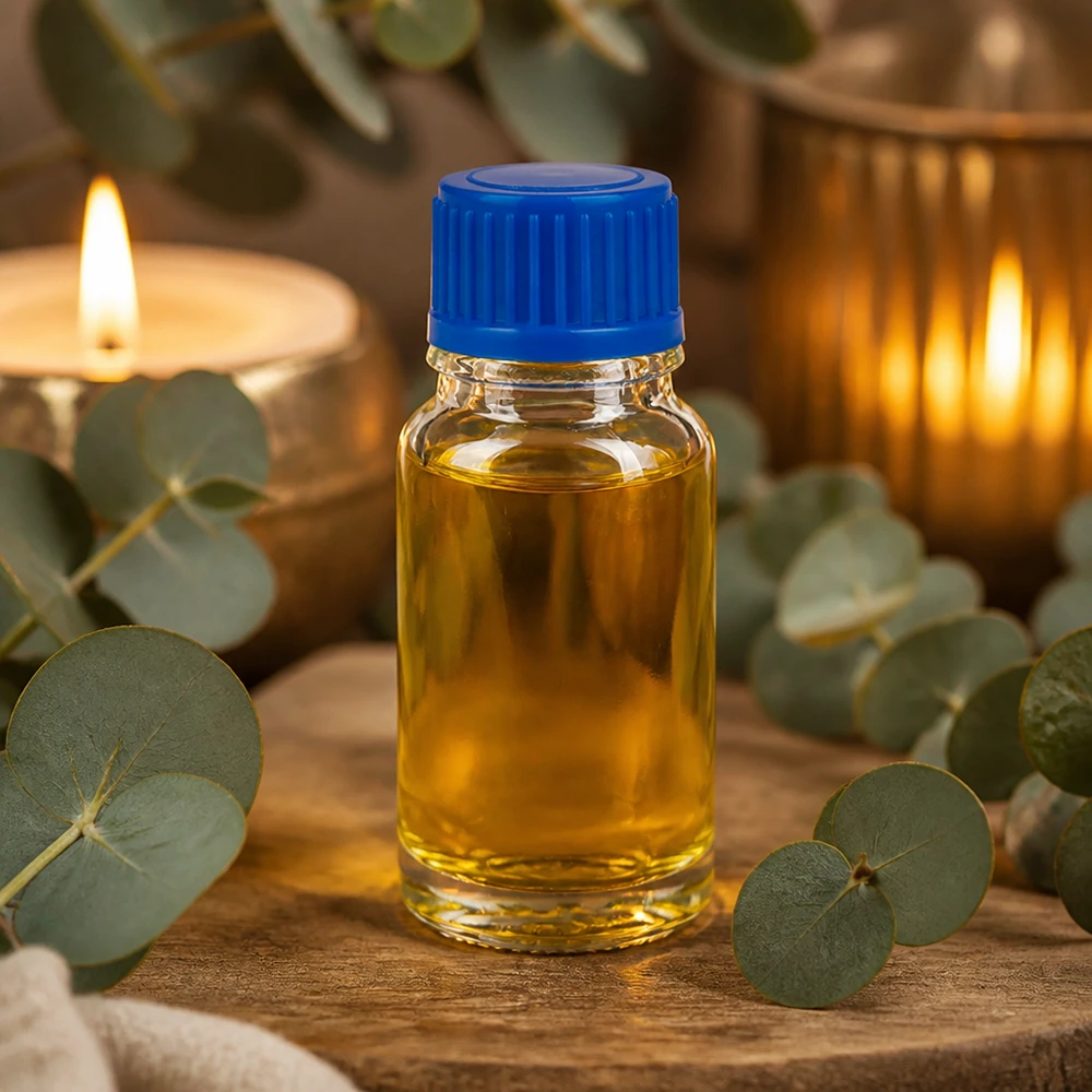 Flacon de 10ml 11mm SV bleu STD ClearLine UT18/10 Petit flacon en verre de 10 ml avec un bouchon bleu, entouré de feuilles d'eucalyptus et de bougies