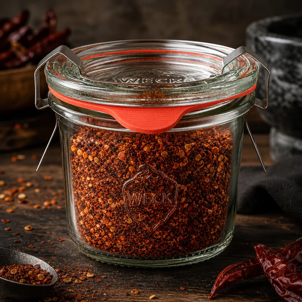 Idea barattolo per spezie: WECK mini mason jar 80ml Barattolo da dispensa pieno con mollette in acciaio inossidabile e fiocchi di peperoncino rosso su legno scuro