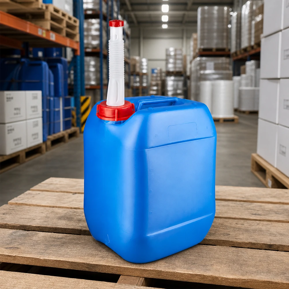Bidon 10 litres bleu avec tube flexible Bidon empilable de 10 litres, bleu, avec bouchon rouge et bec verseur flexible, en stock