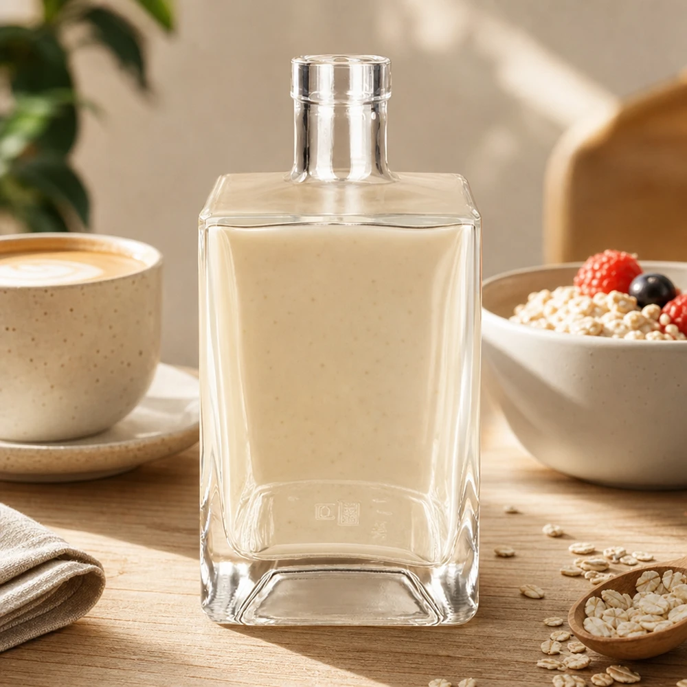 Bottiglia di vetro da 700 ml Ben trasparente rettangolare su tavolo di legno con tazza da caffè e ciotola per cereali ambiente lifestyle