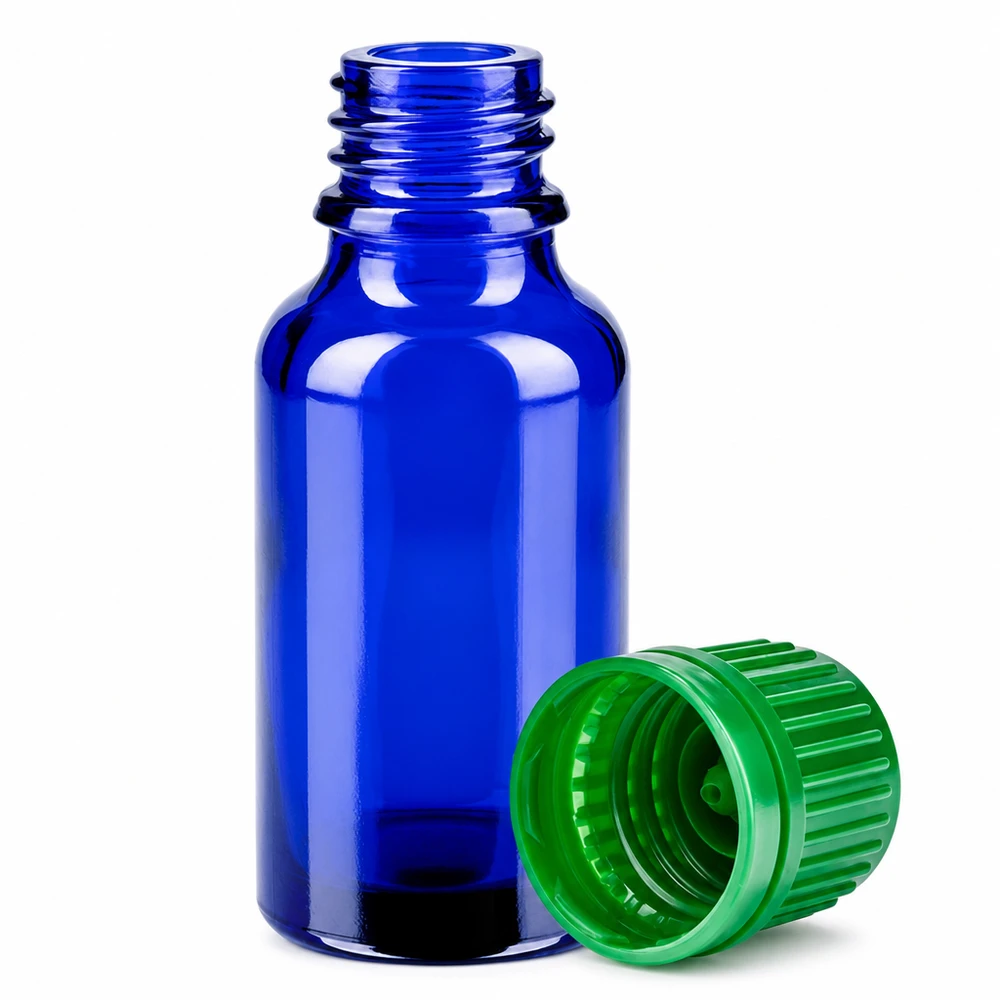 Flacone da 20 ml in vetro viola con tappo verde a prova di bambino per la conservazione