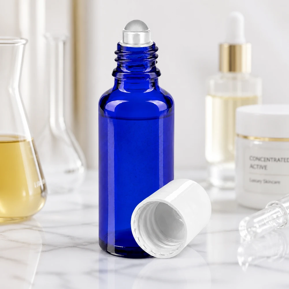 Apothekenflasche blau 30ml Roll-On Verschluss weiß UV-Schutz Apothekerglas blau 30ml Roll-On ideal für Naturkosmetik und Aromatherapie