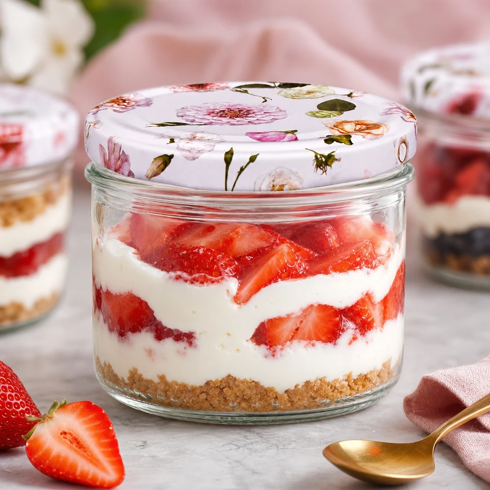 230ml Zylinderglas + BasicSeal Deckel Blume rosa Erdbeer-Dessert im 230ml Zylinderglas mit BasicSeal Deckel Blume rosa - Schichtdessert mit frischen Erdbeeren